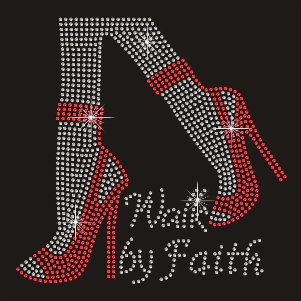 High heel motif walk by faith letter design rhinestone heat transfer for t shirt