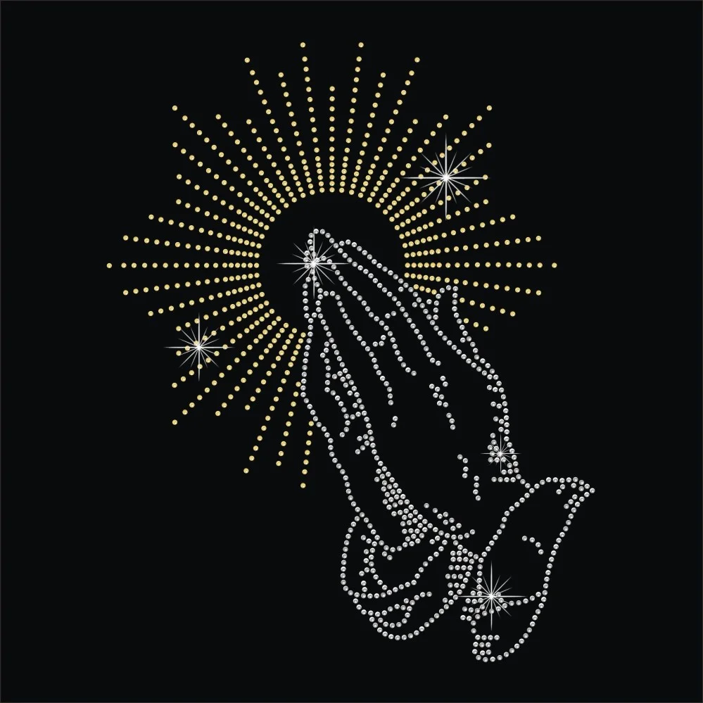 Pray gesture low moq hot fix rhinestone heat press transfer for DIY garment