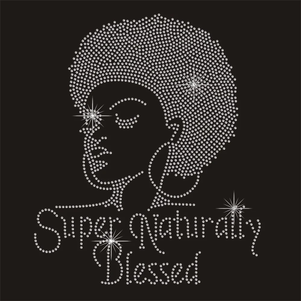 Low moq super naturally blessed crystal afro girl rhinestone iron on transfers
