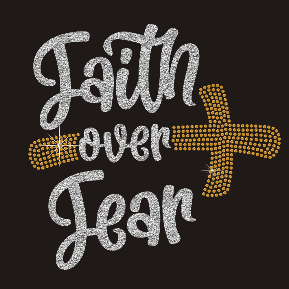 Silver glitter vinyl faith over fear letter gold rhinestone cross iron on heat transfers