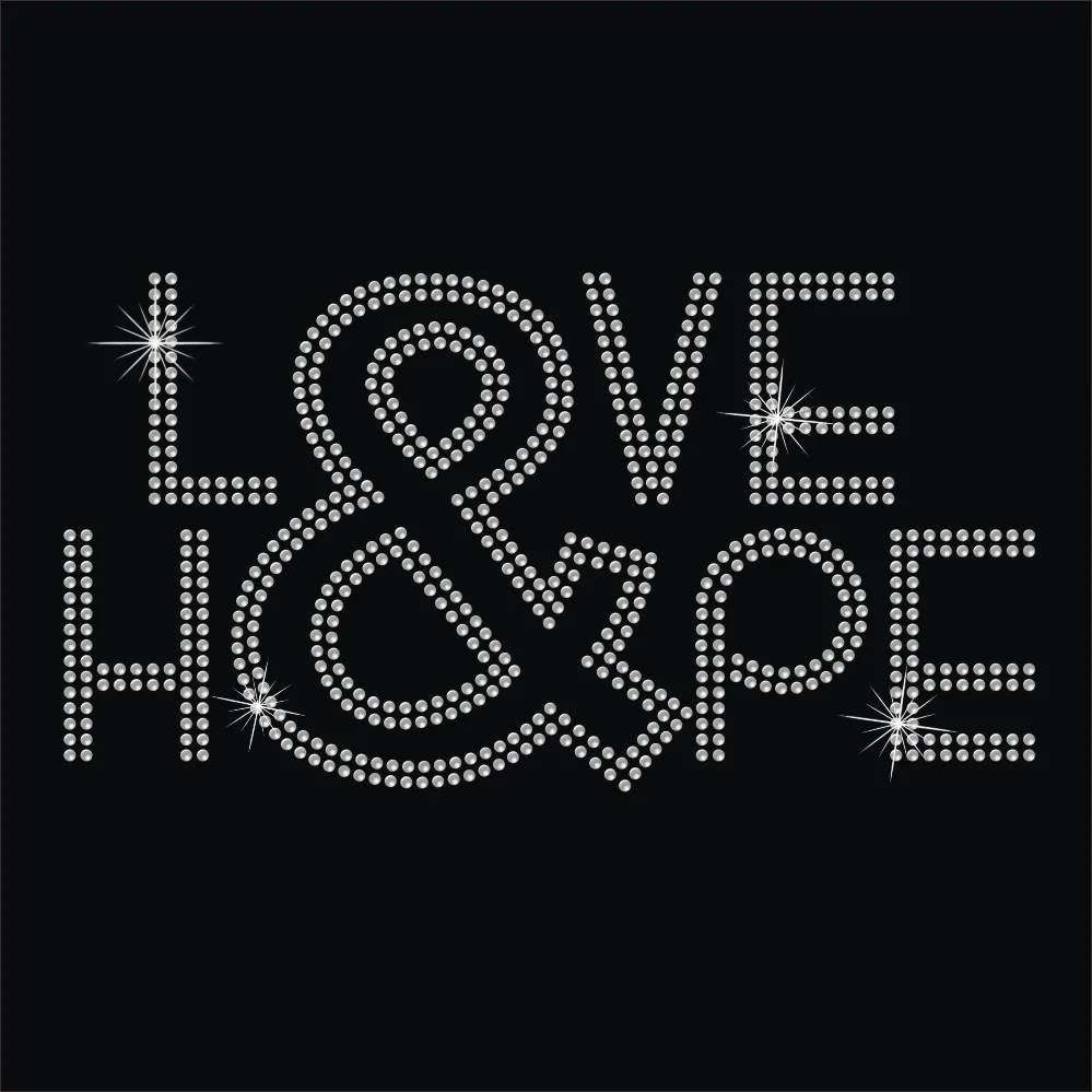 Love and hope word custom design iron on rhinestone appliques heat transfers