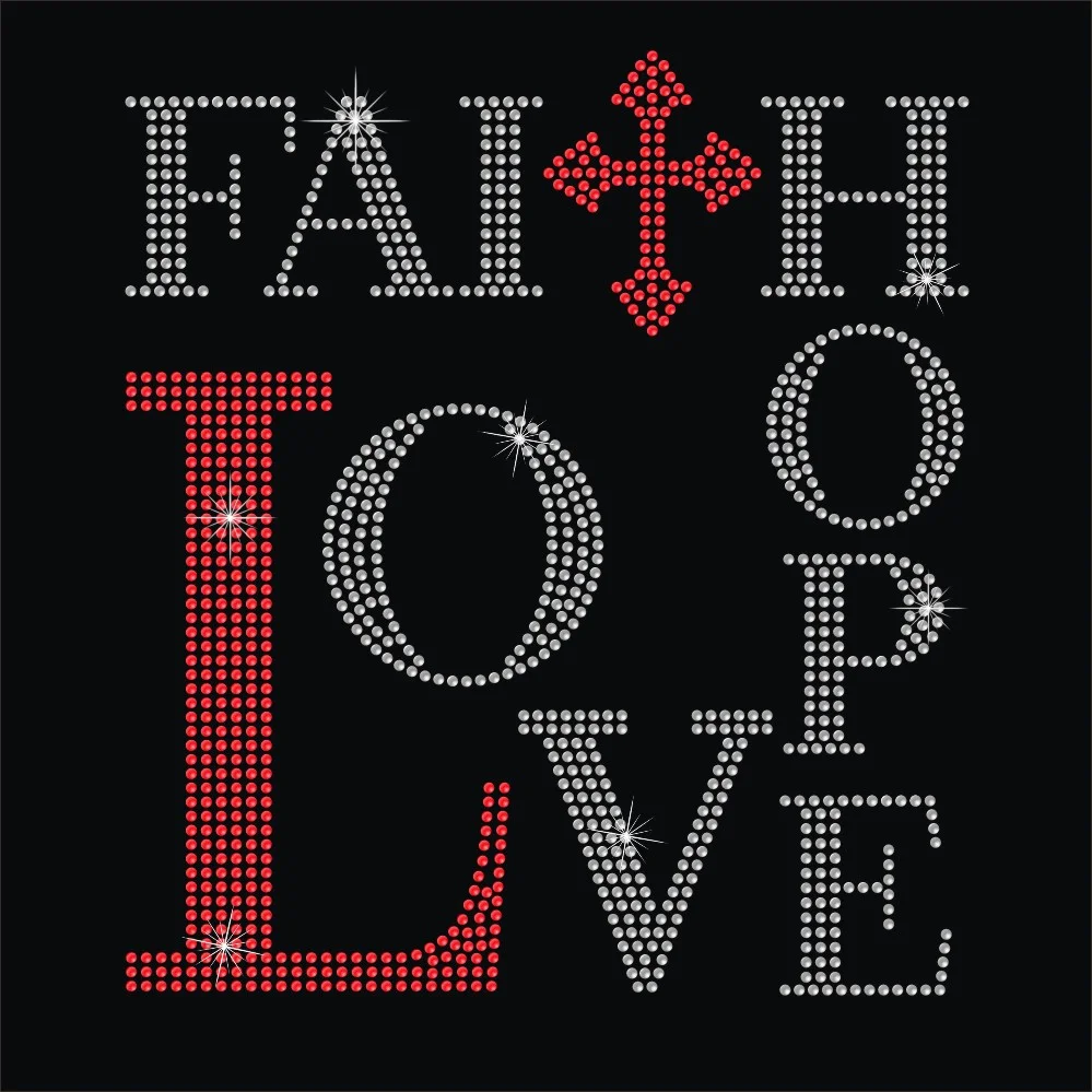 Faith love hope word cross pattern iron on rhinestone appliques