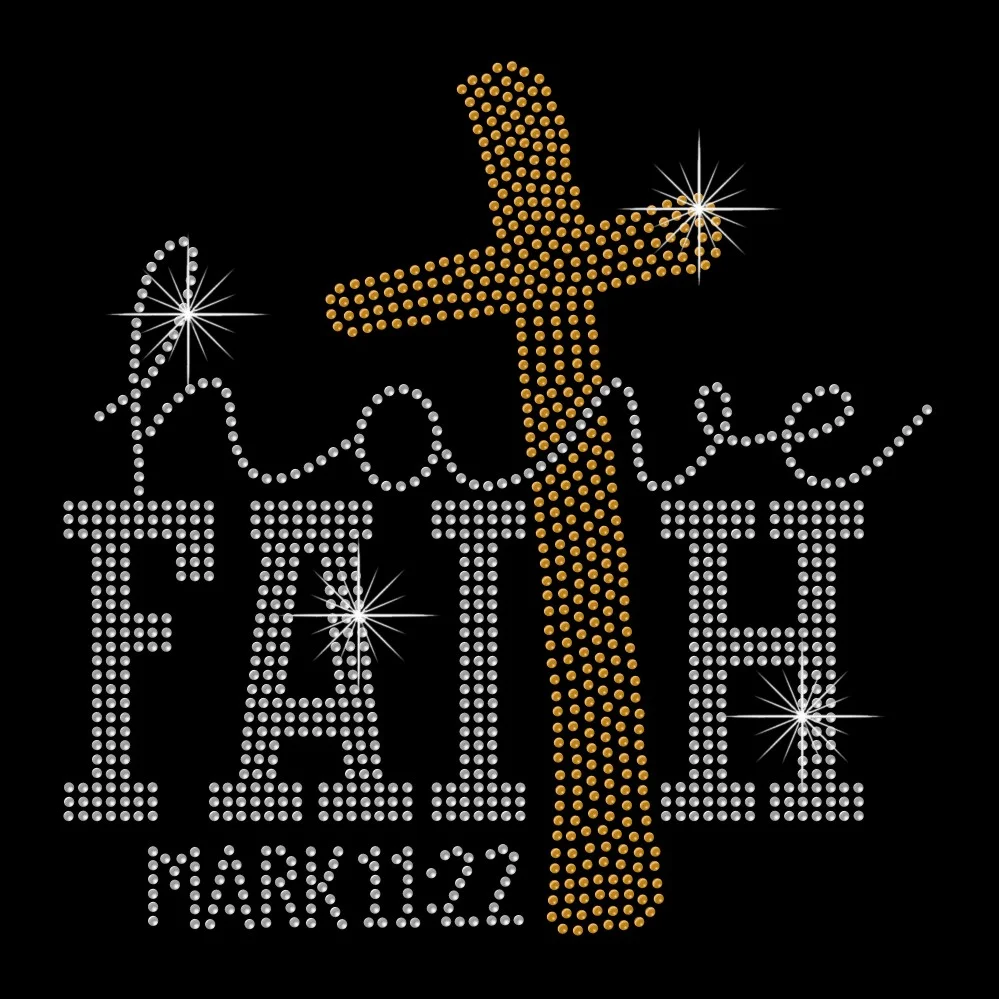 Have faith word gold cross design hotfix rhinestone transfer for garment