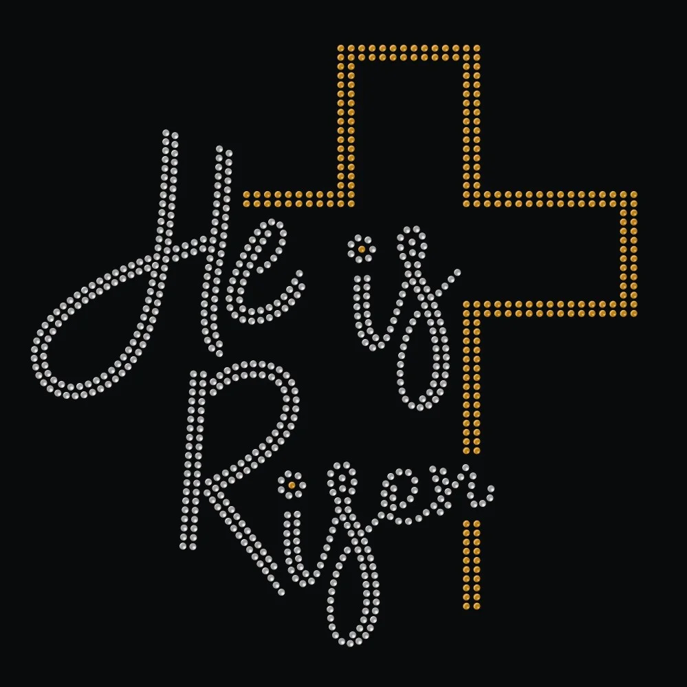 He is risen gold cross custom design hotfix rhinestone transfers