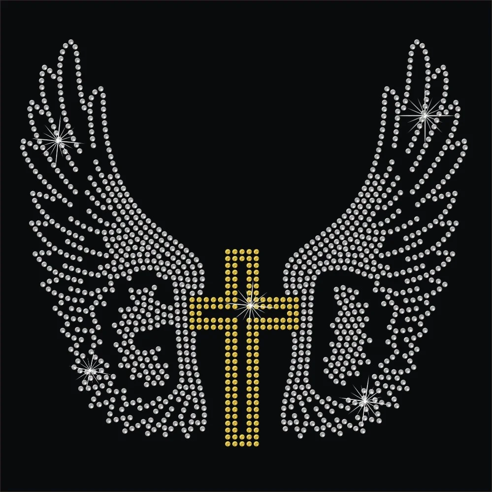 God cross wing rhinestone pattern iron on heat transfers