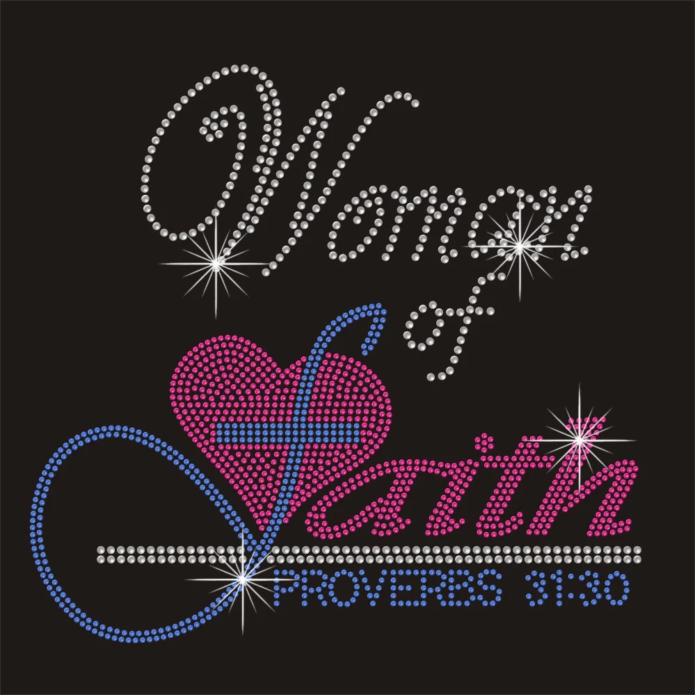 Woman of faith custom letter motif hot fix rhineston heat transfer for garment