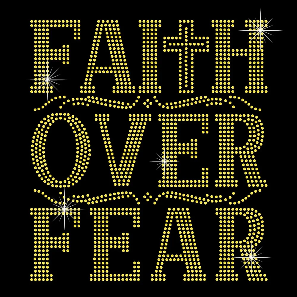3mm Citrine rhinestone faith over fear jesus letter iron on heat transfer for t shirt