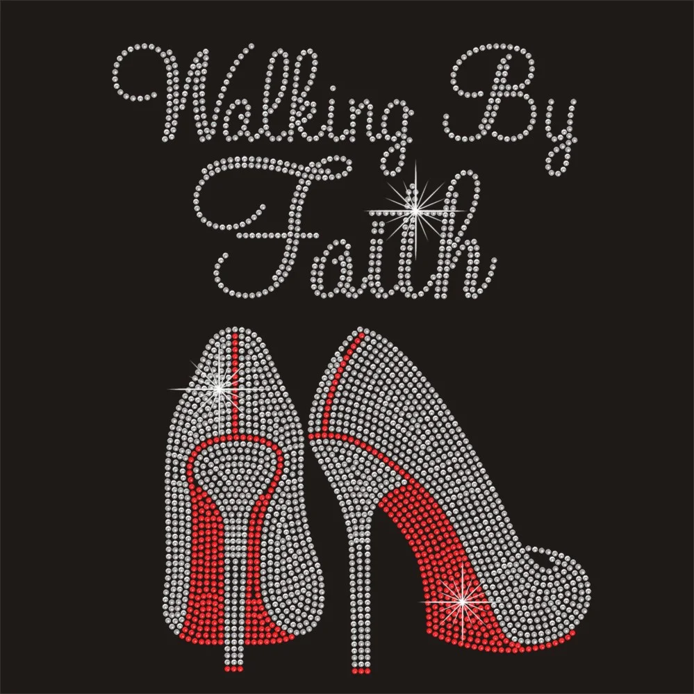 Walking by faith high heel rhinestone pattern iron on heat transfers