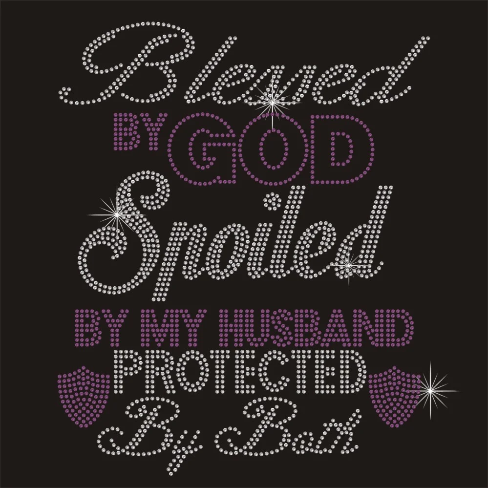 Blessed by god letter custom design iron on rhineston heat transfer for diy tshirt