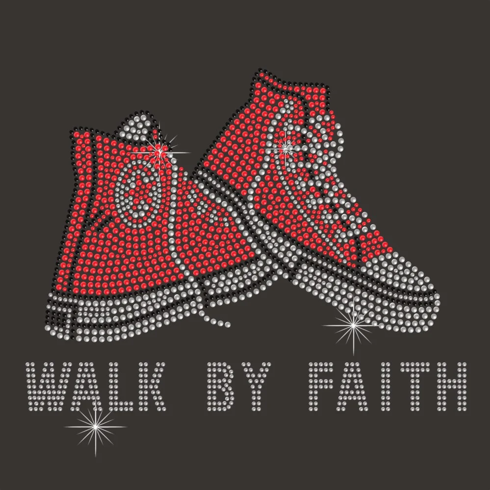 Different size and colors jesus walk by faith shoes hot fix custom rhinestone heat transfer