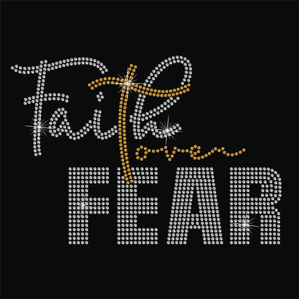 Bling iron on letters faith over fear custom design hot fix rhinestone appliques