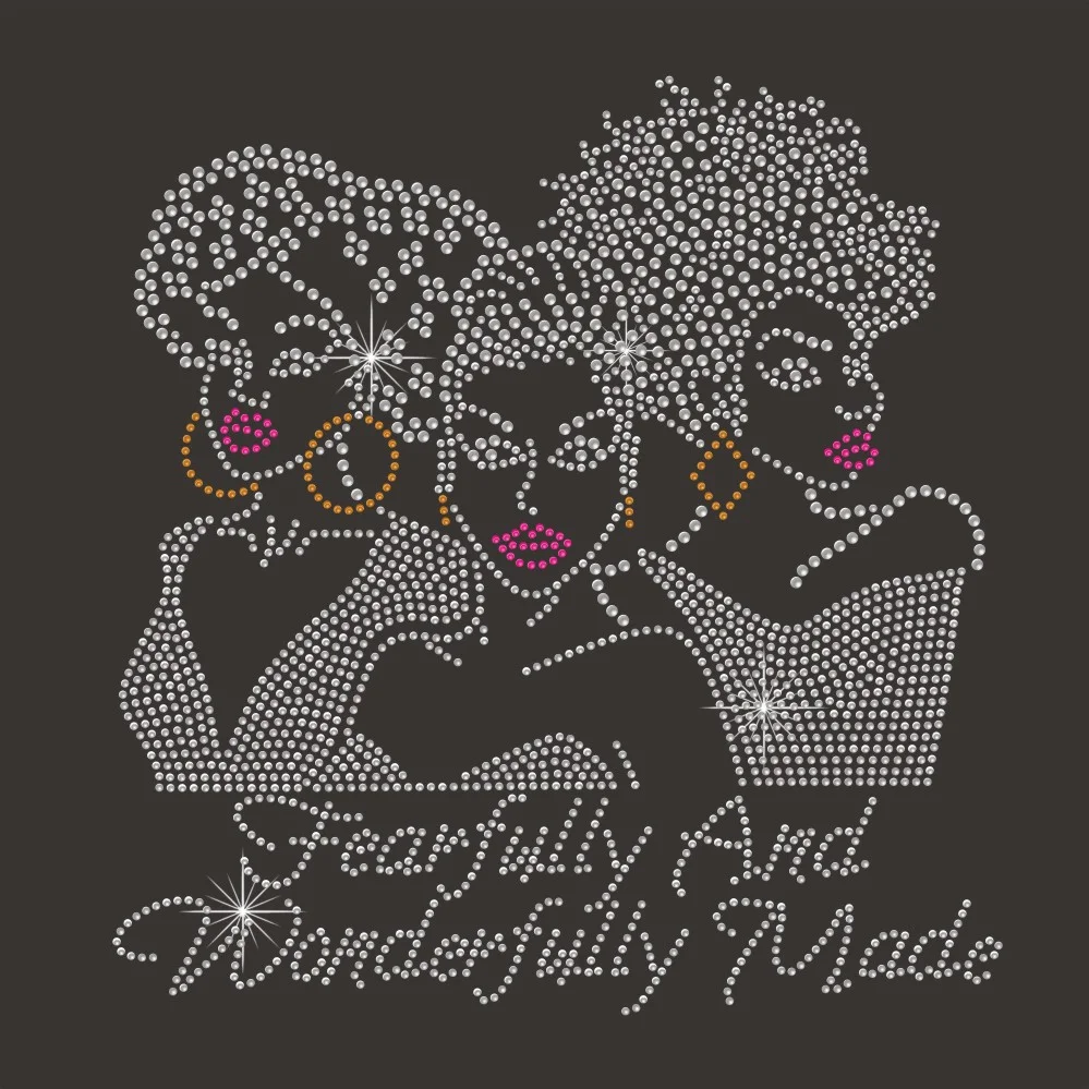 Fearfully and wonderfully made afro girl motif hot fix rhinestone iron on heat transfers