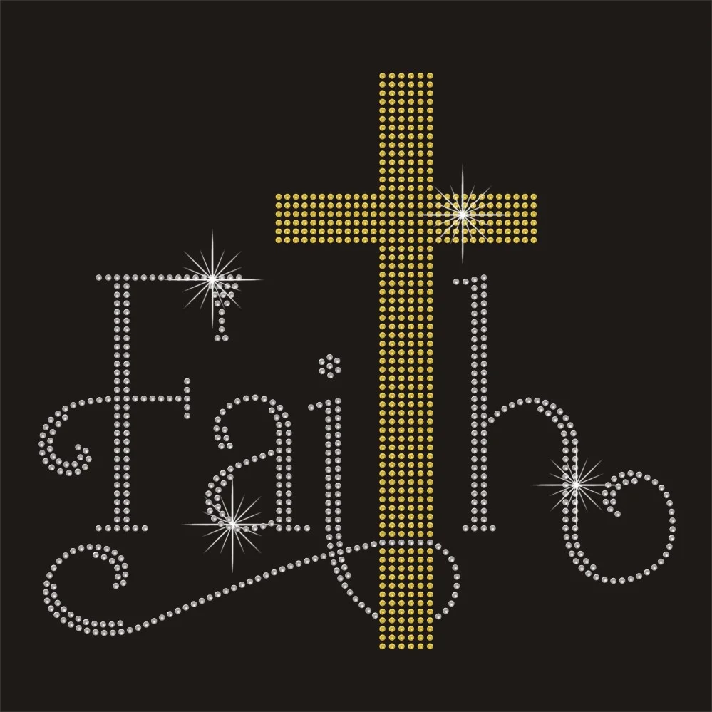 Faith god cross hot fix crystal gold rhinestone appliques
