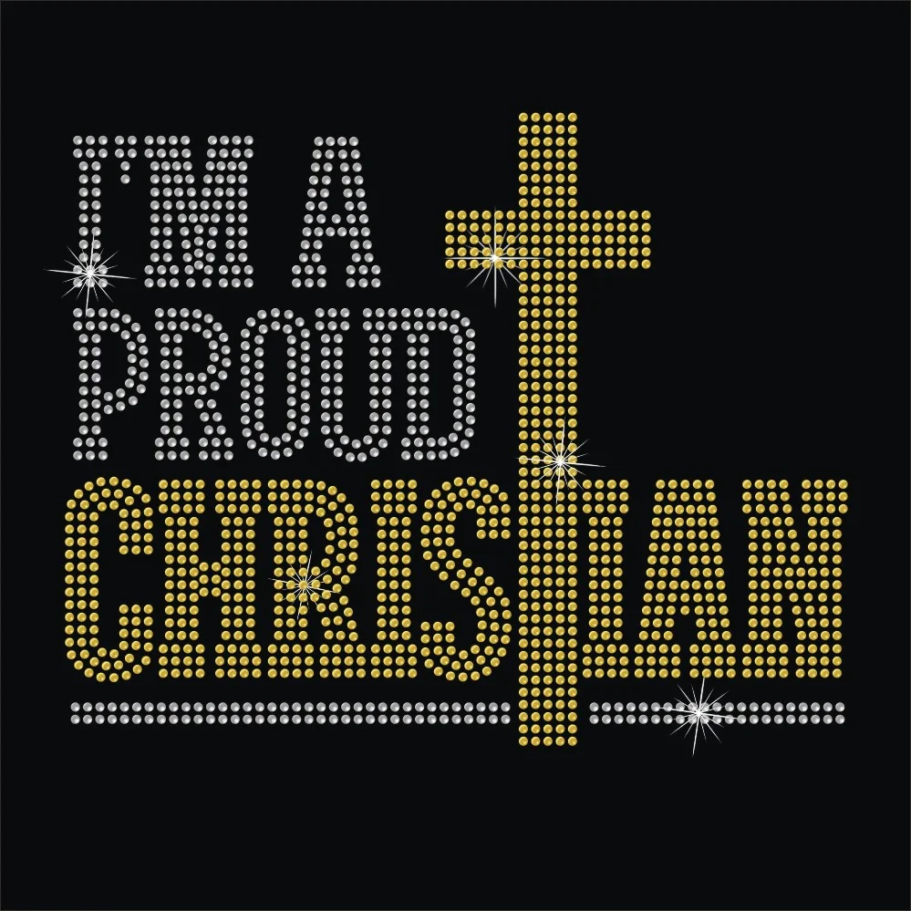 I am proud of christian letter cross iron on crystal rhinestone transfers
