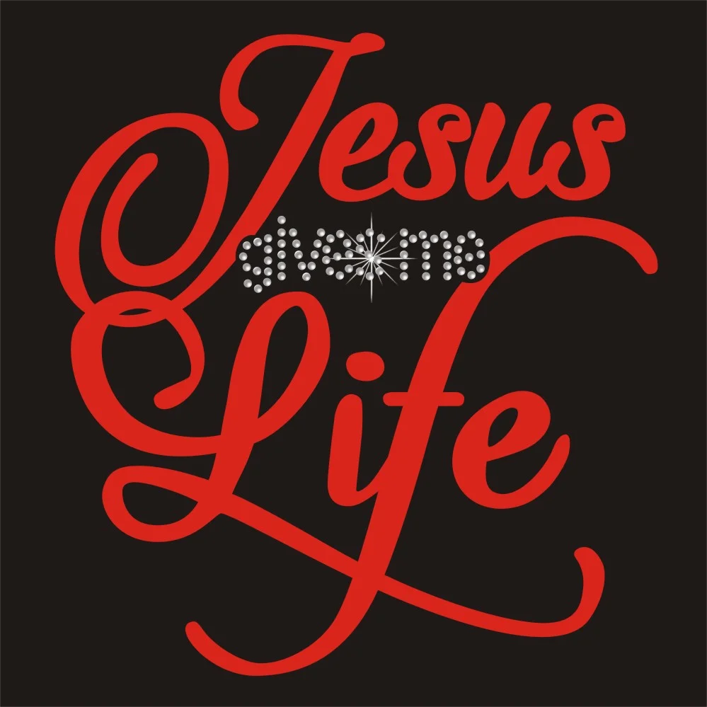 Red Pu Vinyl Jesus Give Me Life Letter Crystal Hotfix Rhinestone Appliques Iron On Transfers